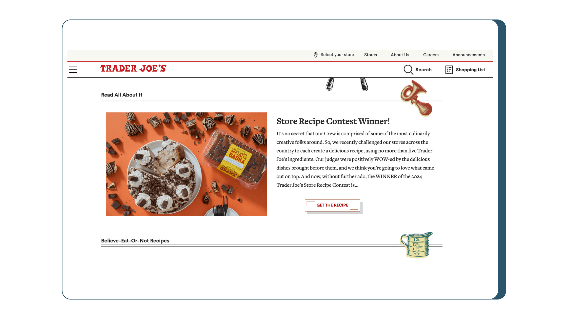 Screenshot of a recipe for ice cream pie on Trader Joe’s landing page with an image to the left of an ice cream pie and Brookly Babka cake and text to the right.
