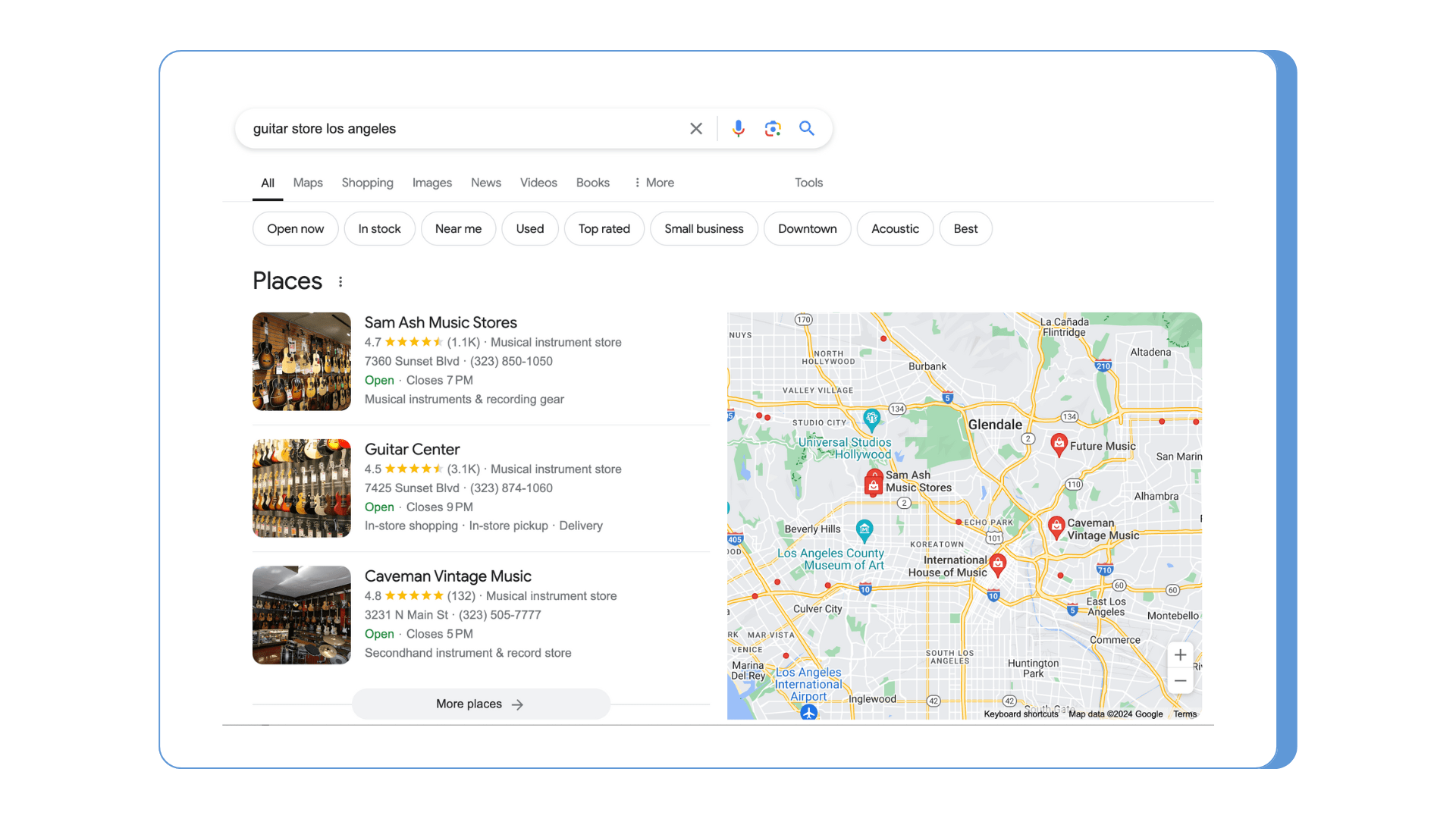 This is a screenshot of a local pack for a guitar store in Los Angeles, showing a bunch of guitars and products for each store as shelfies.