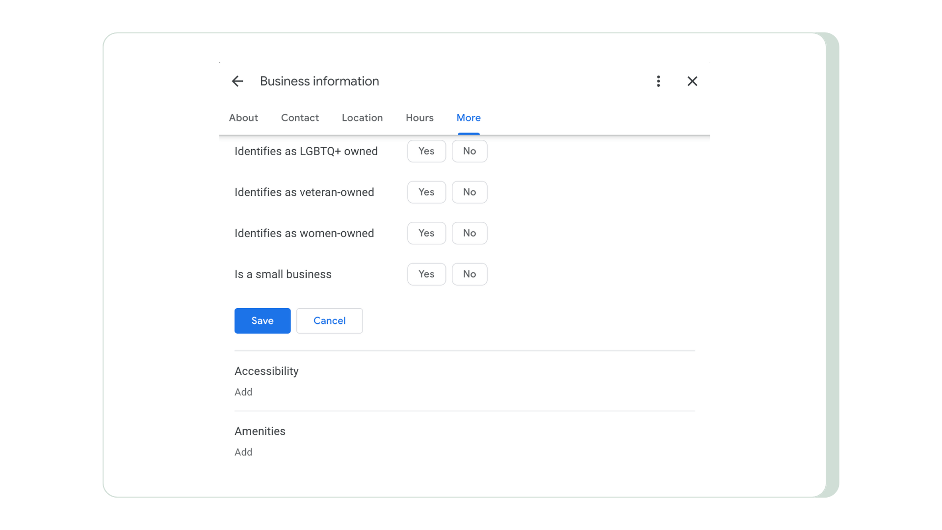 Screenshot from Google Business Profile Editor of different Attributes to choose from