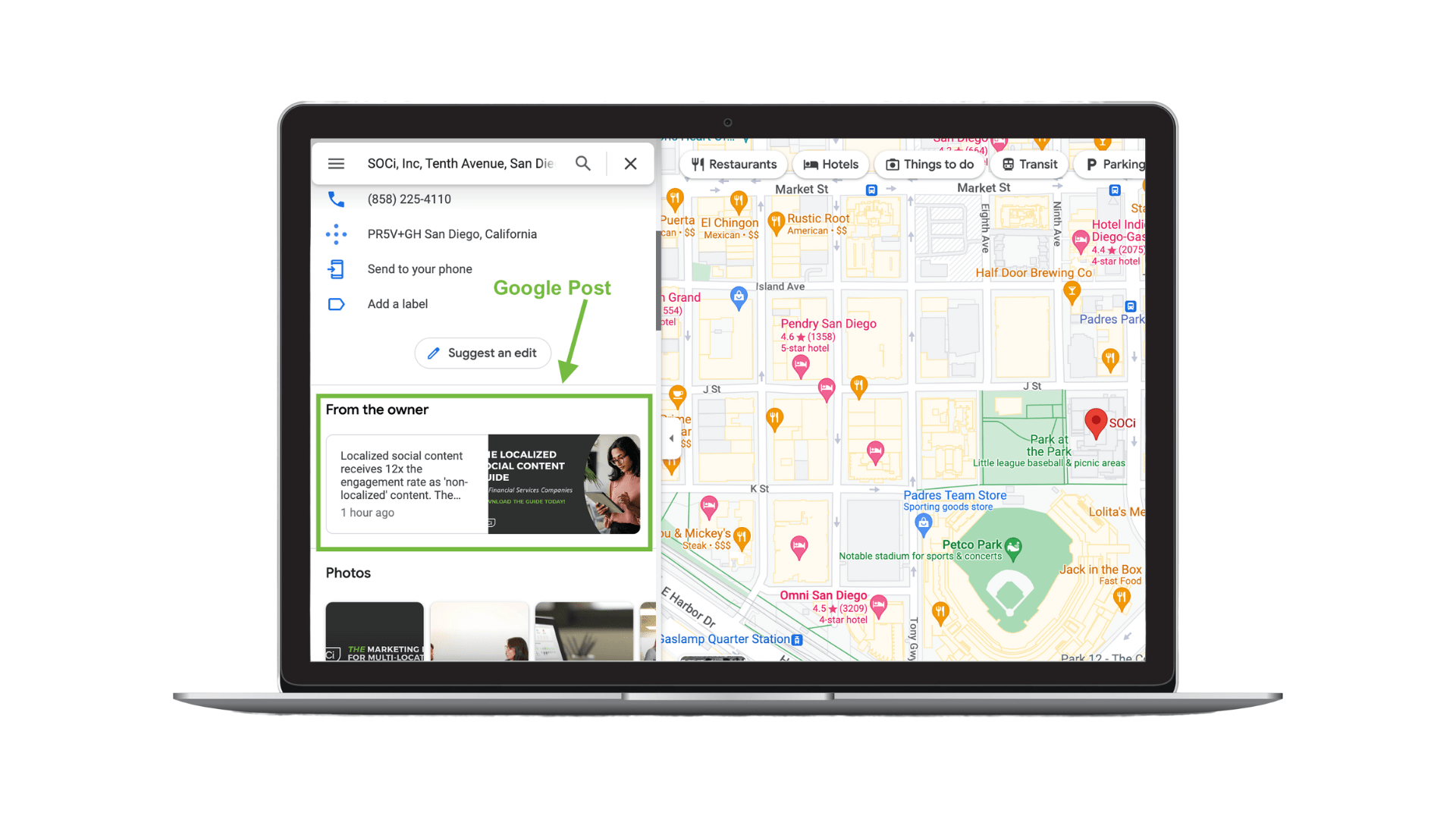 Google Posts example on a computer of a SOCi Google Post showing on Google Maps