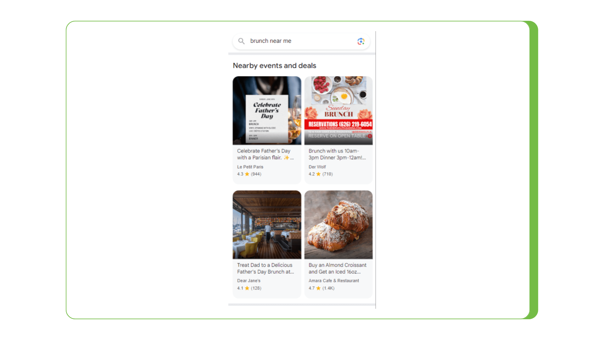 Screenshot from Google Business Profile of nearby events and deals for brunch near me