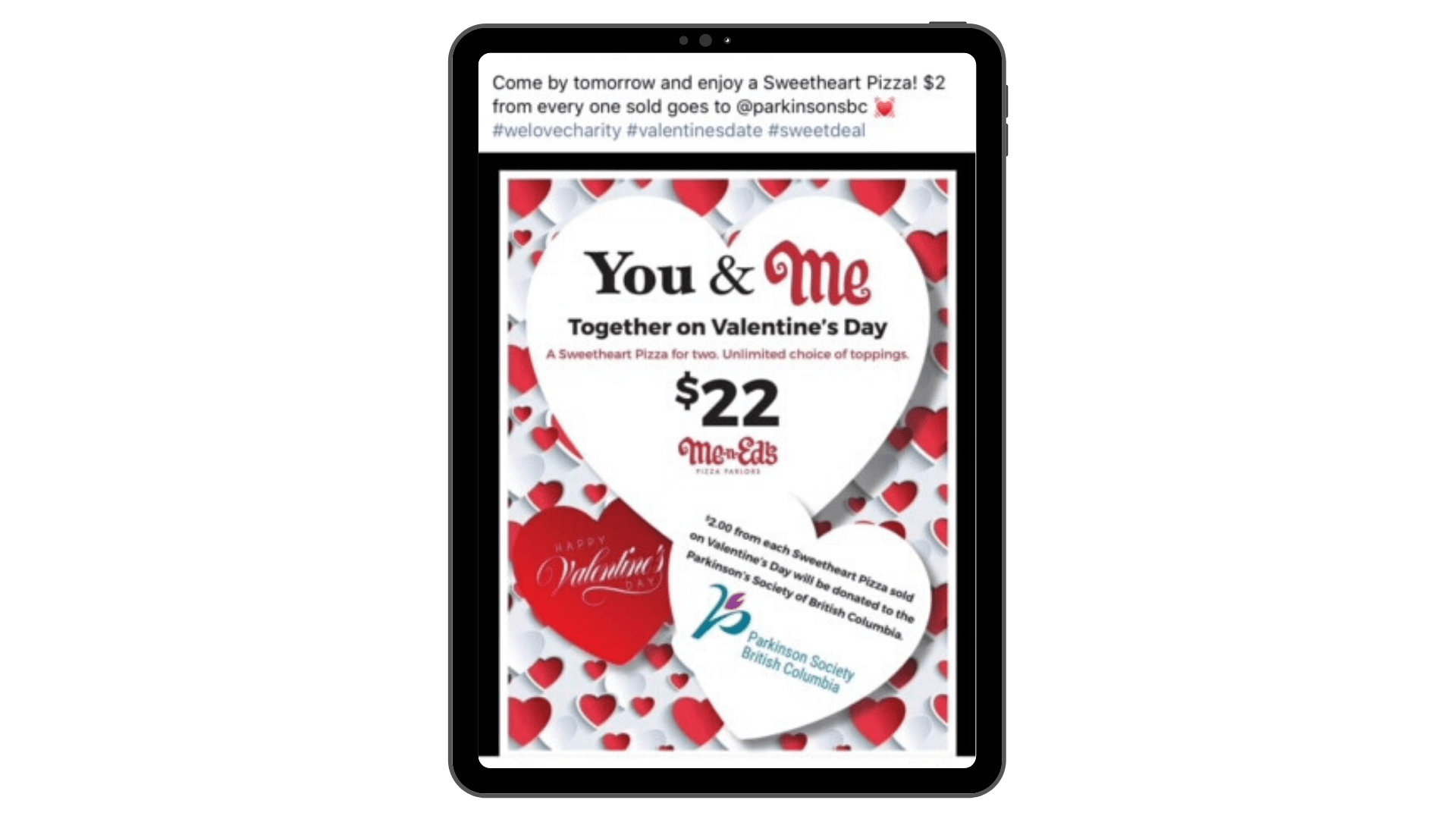 Valentine’s pizza promo on tablet screen; $2 from each sale supports Parkinson Society charity.