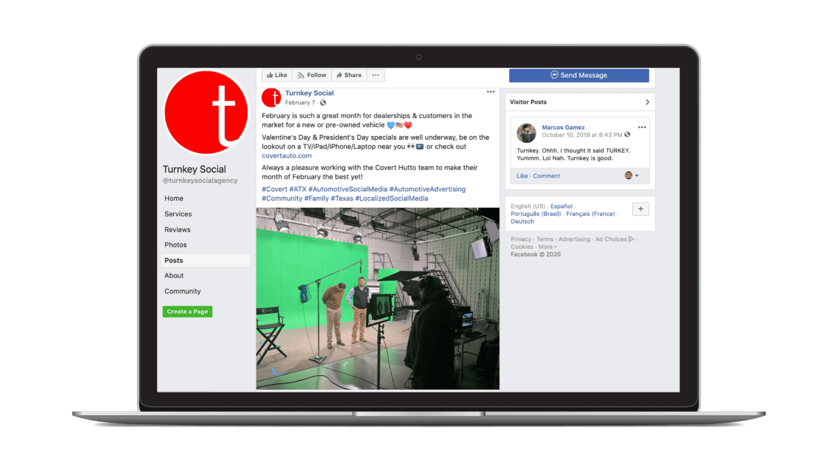 A laptop displaying a Facebook page with a post featuring a behind-the-scenes green screen studio photo.