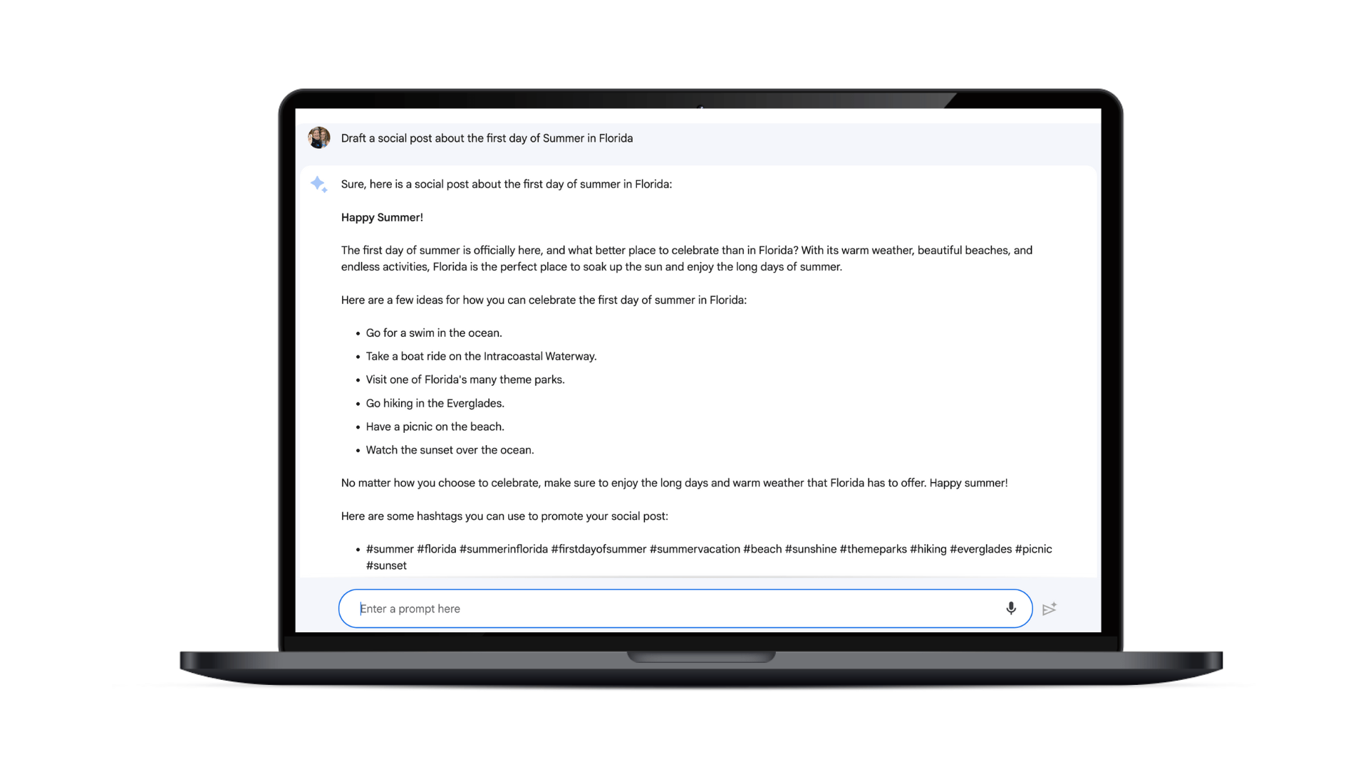 An example of Google's Bard responding to the prompt "Draft a social post about the first day of summer in Florida"