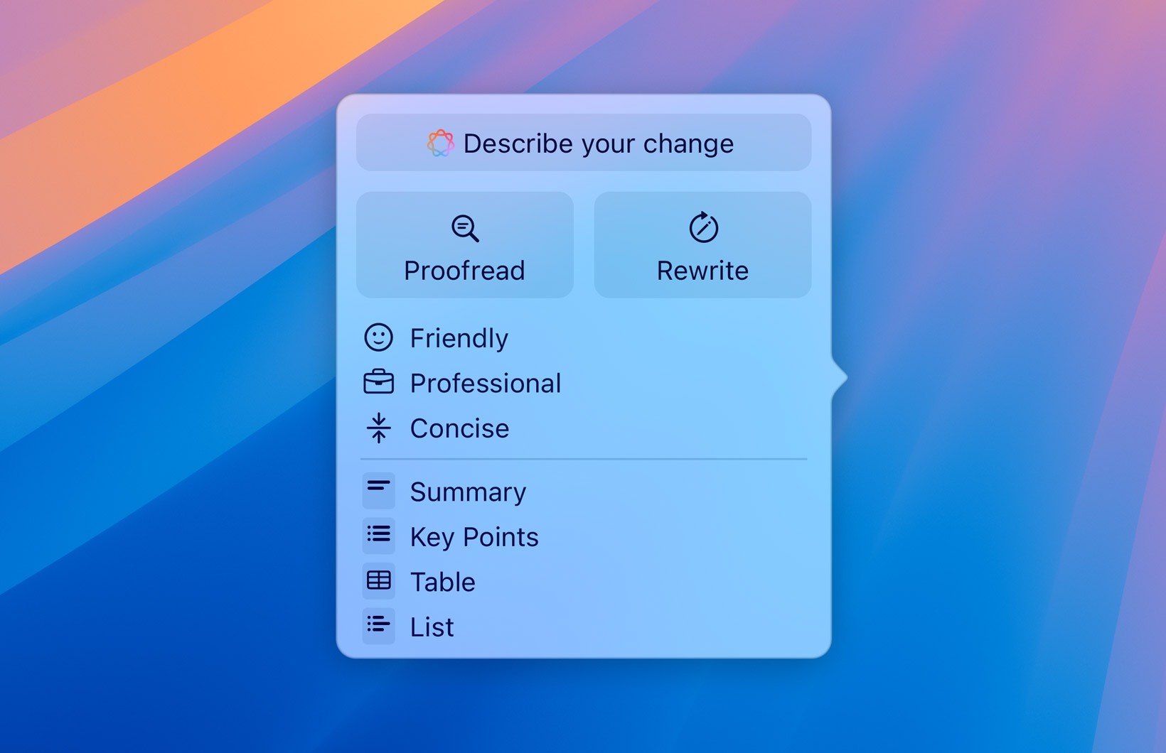 Apple Intelligence Writing Tools Example with choices such as, proofread, rewrite, friendly, professional, concise, etc.