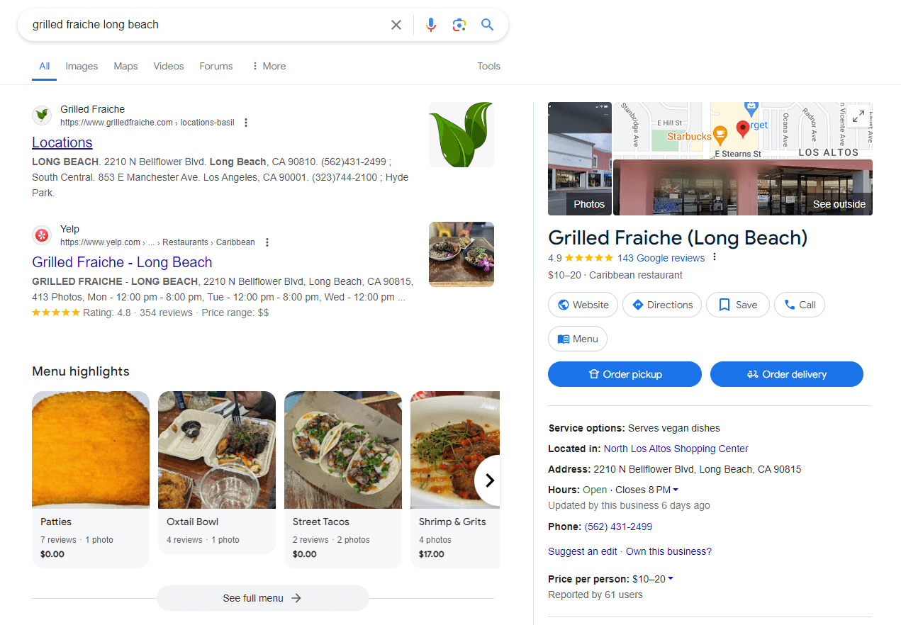 Menu highlights in a search result for Grilled Fraiche in Long Beach