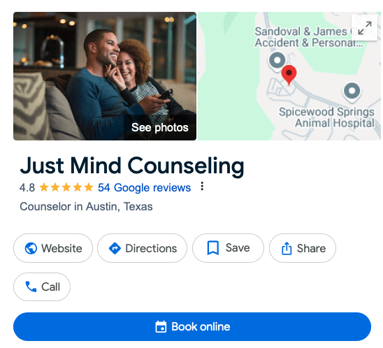Screenshot of healthcare profile showing booking button