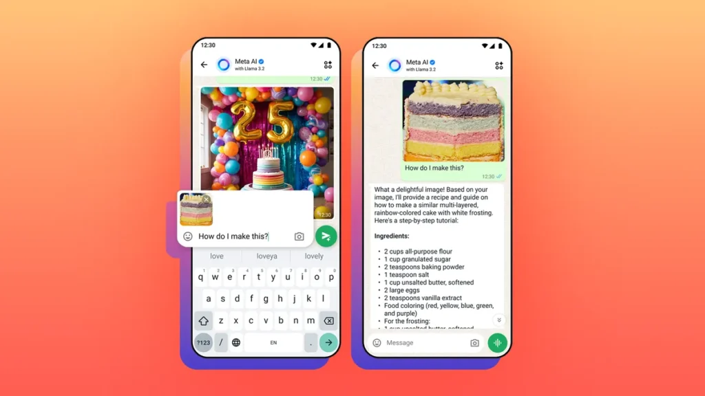 Phone screens depicting Meta AI helping a user find a cake recipe