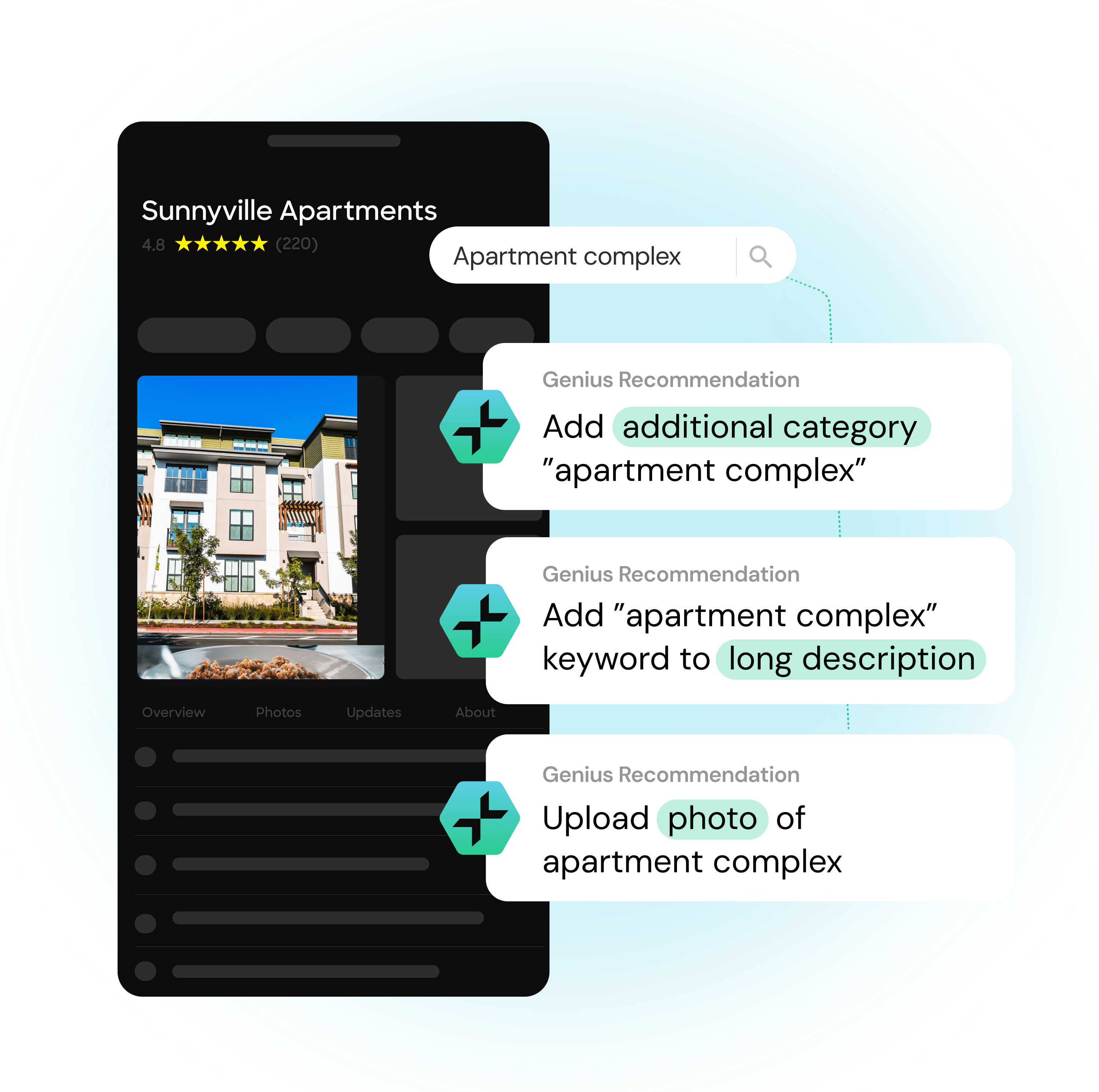 An apartment complex profile showing SOCi Genius optimization recommendations.