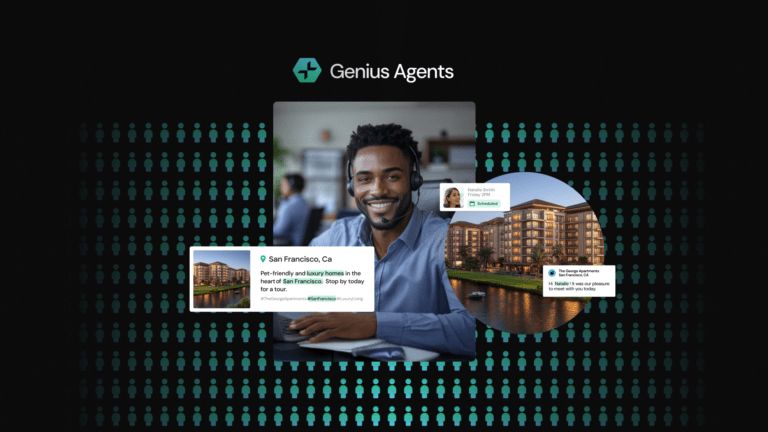 A smiling man at a desk with images of apartments and real estate listings labeled Genius Agents.