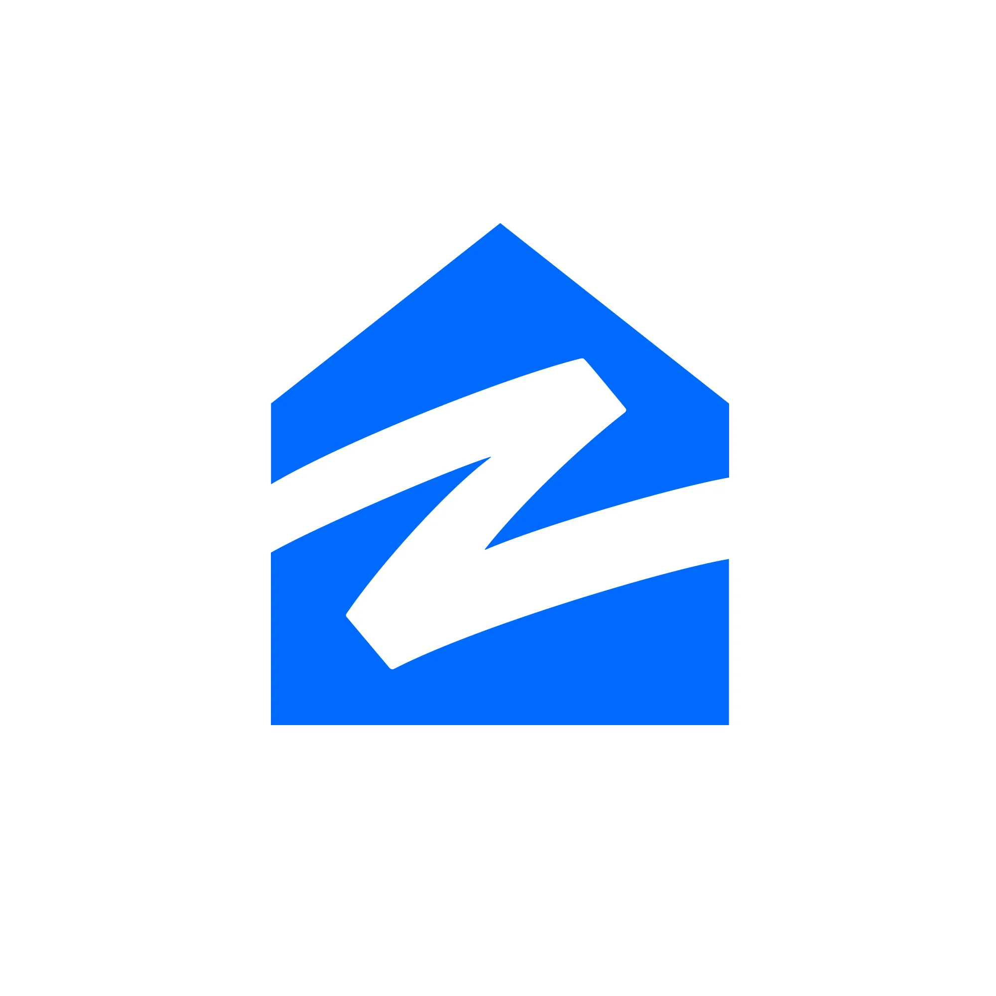 Blue stylized house with a white Z shape inside, on a white background.