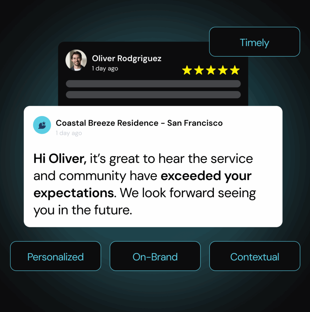 A positive online review reply highlights personalized, timely, and on-brand customer communication.