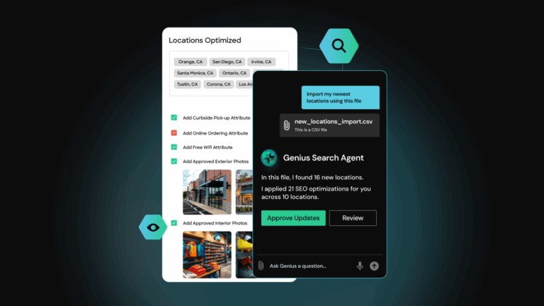 Two app screens show location optimizations and a search agent importing a locations CSV file.