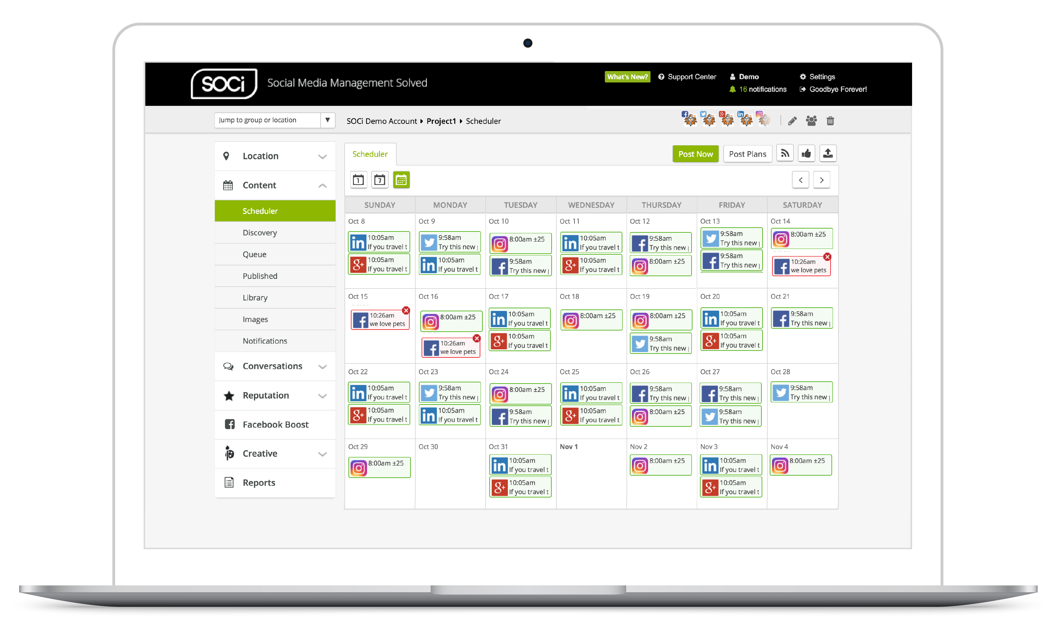 A laptop screen displaying SOCi’s Social Media Community Calendar with scheduled posts for different social platforms.