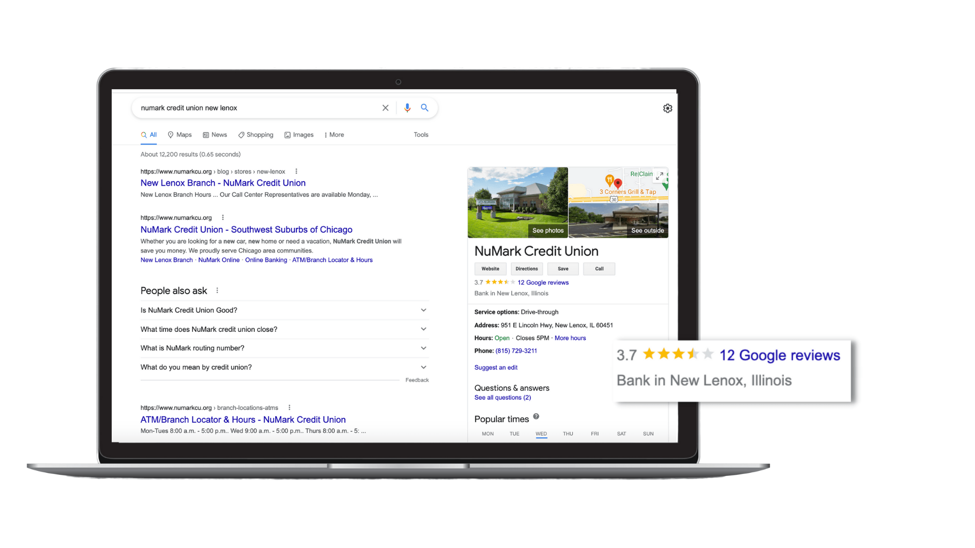 Laptop screen showing Google search results for NuMark Credit Union in New Lenox, Illinois, with reviews highlighted.