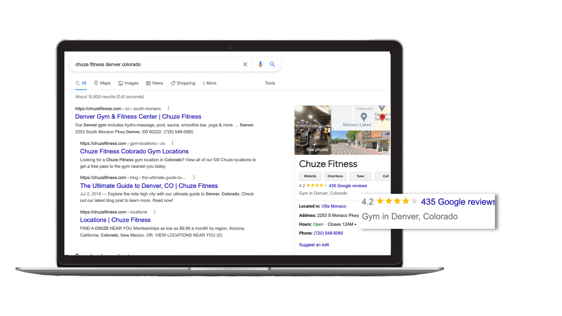 A laptop screen displaying Google search results for Chuze Fitness.