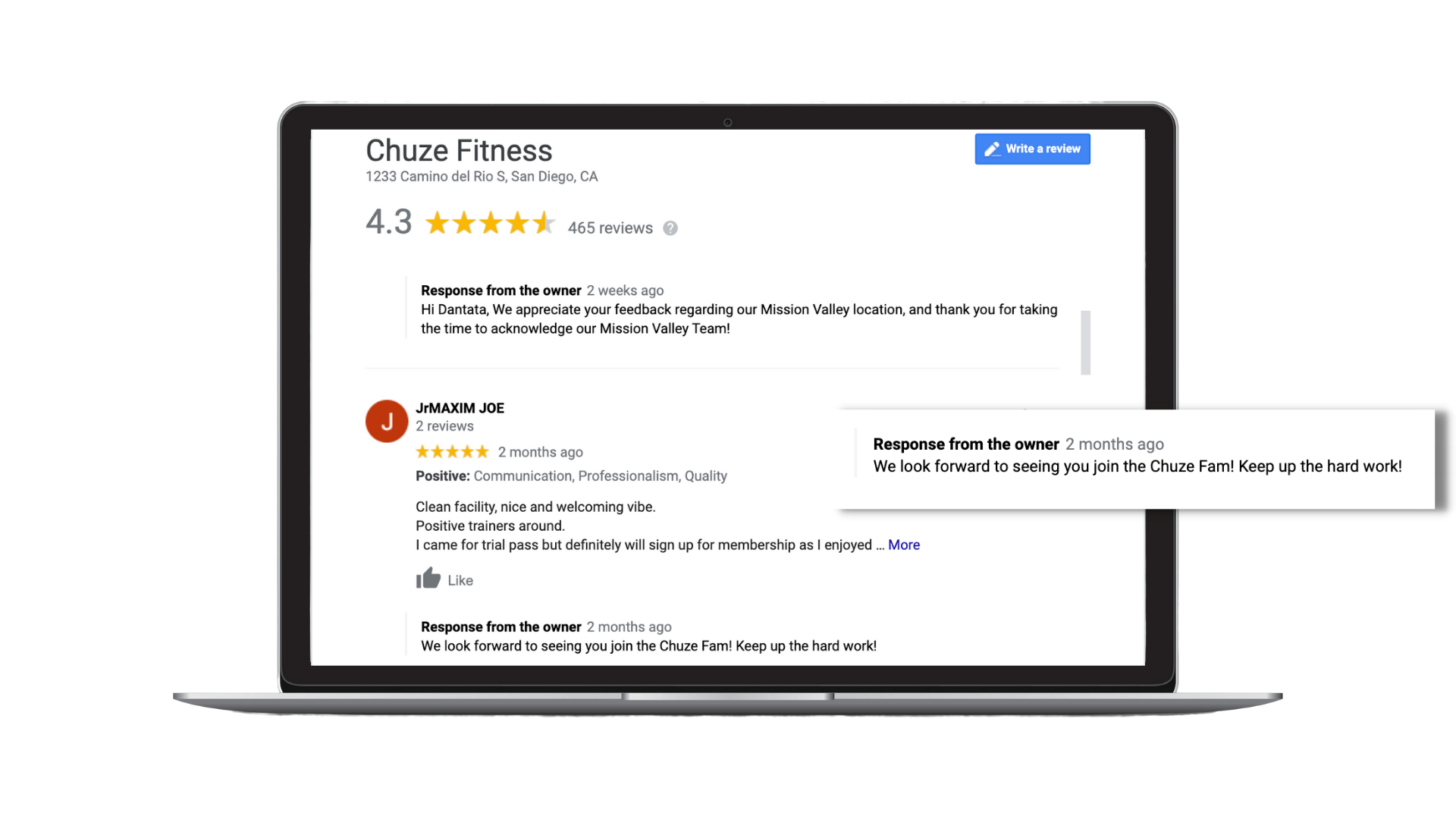 A laptop displaying a Chuze Fitness review with a response from the owner.