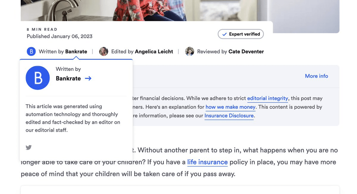 An image showing an article written by Bankrate that was written using automation technology