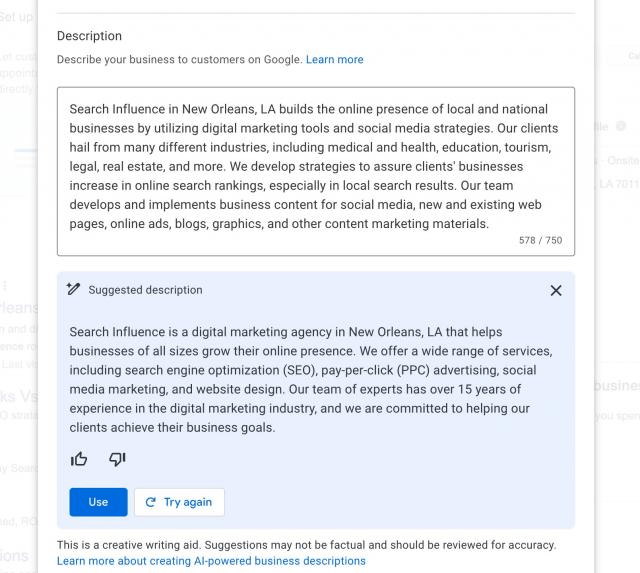 An example of an AI powered business description 
