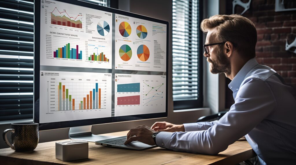A man analyzing colorful graphs and charts on a large desktop computer screen in a modern office.