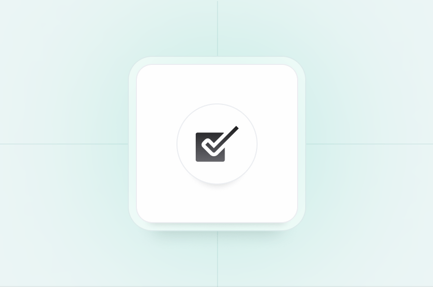 A black checkmark inside a square on a white rounded square background with light teal accents.