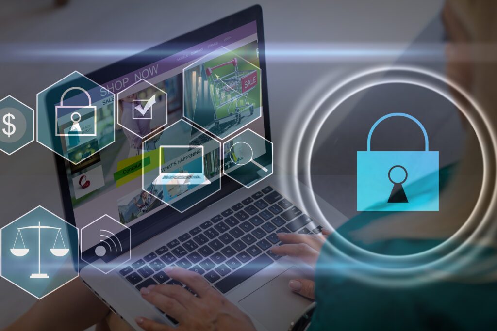A person working at a laptop with an overlay of icons representing security.