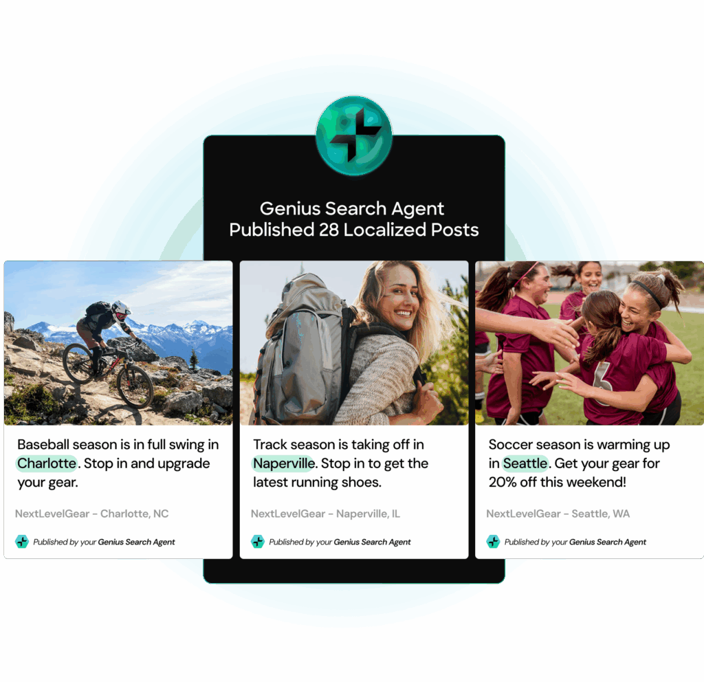 Three localized social media posts about baseball, track, and soccer, each with related images and city names.