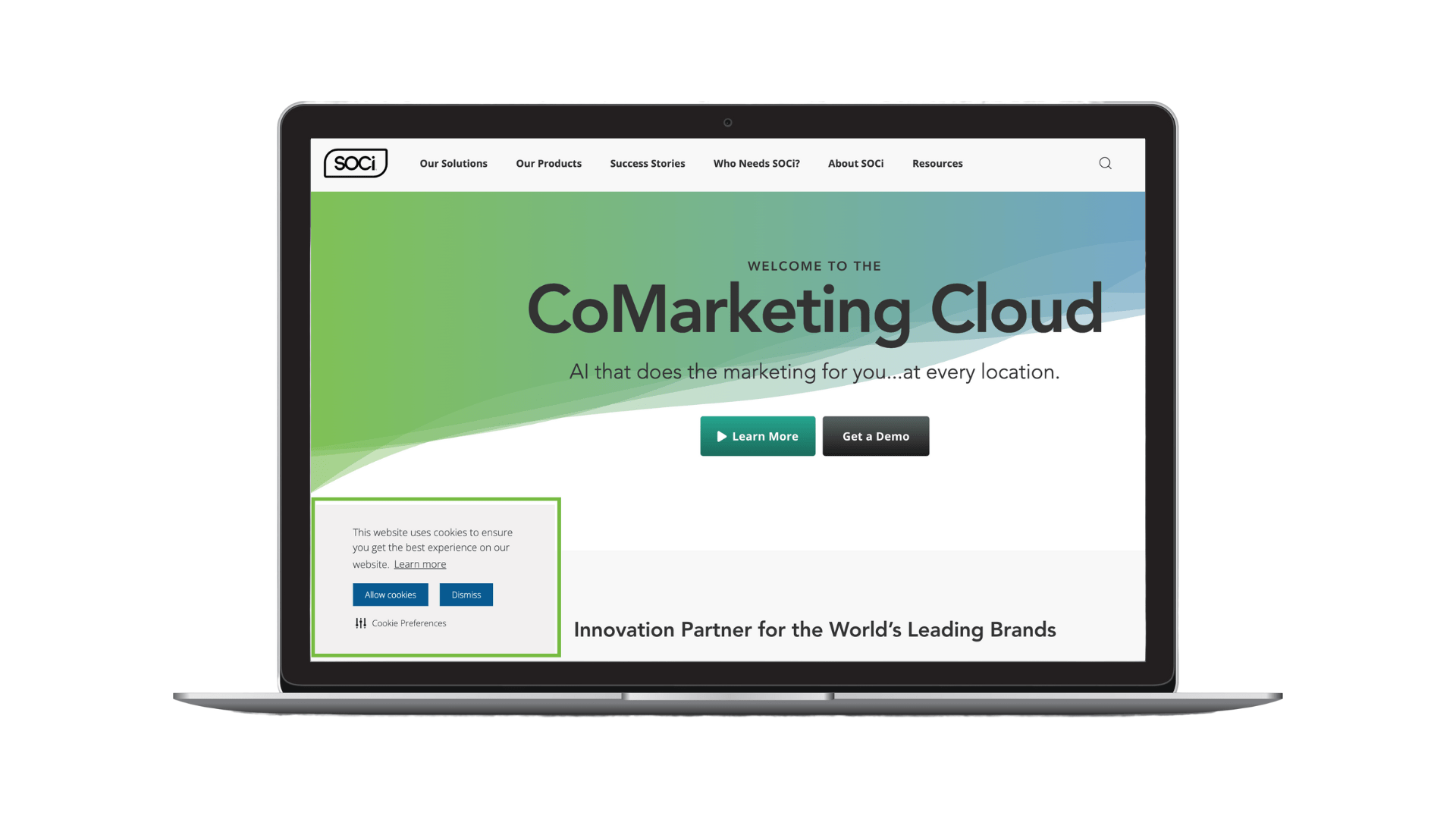 SOCi's home page with CoMarketing Cloud in black text at the center with a blue, green, and white background, and a opt-in or opt-out of cookies option in the bottom left corner with a green rectangle around it.