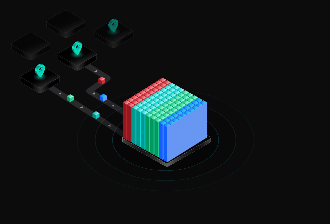 Isometric 3D illustration showing data blocks flowing into a multicolored layered cube on a dark background.