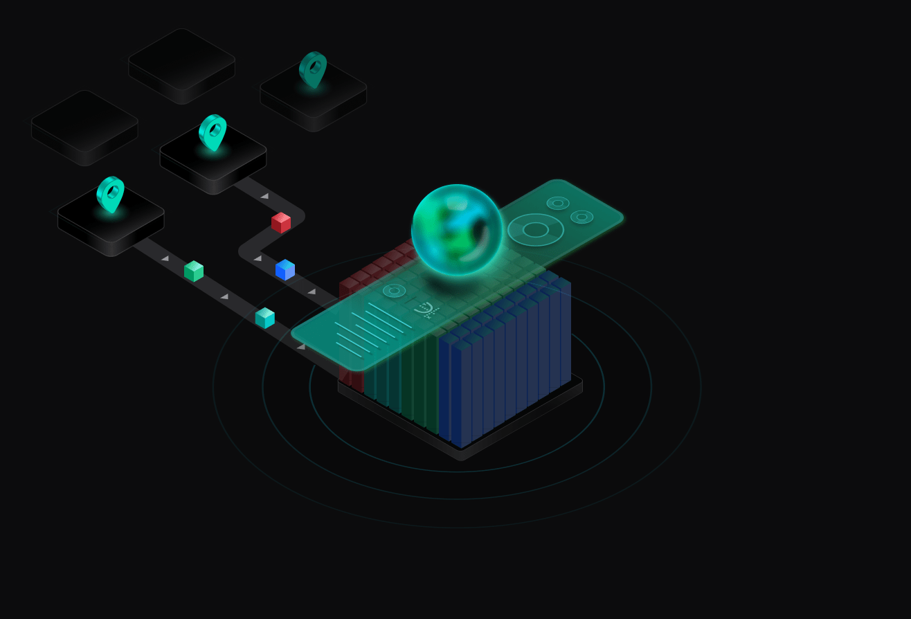 Digital blocks flow from location icons to a futuristic holographic interface atop a data server on a dark background.