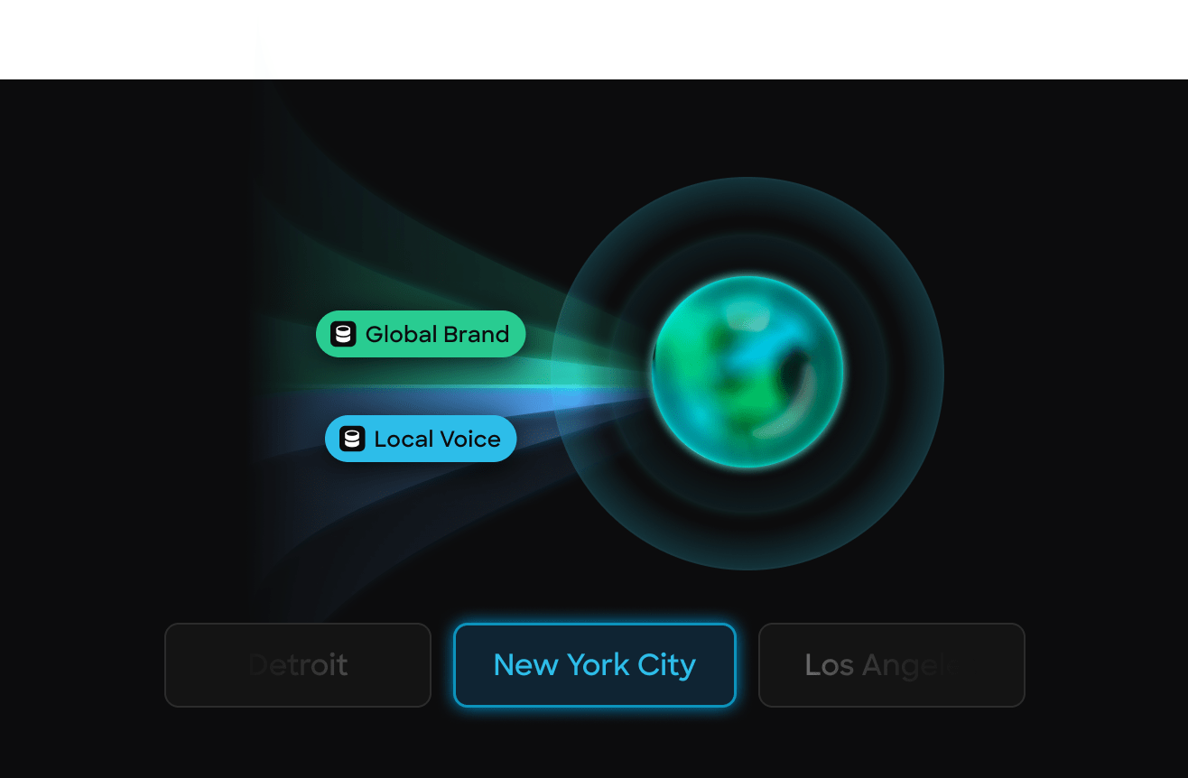 Stylized globe with Global Brand and Local Voice labels; New York City option highlighted below.