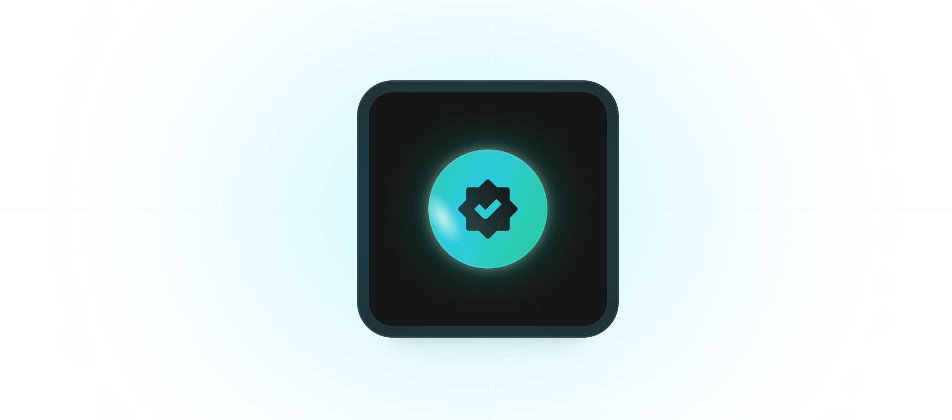 A blue circle with a gear and a checkmark inside, on a black rounded square background.