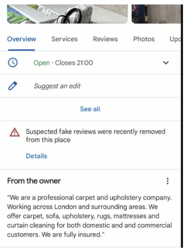 An example of a GBP showing that suspected fake reviews are on the profile