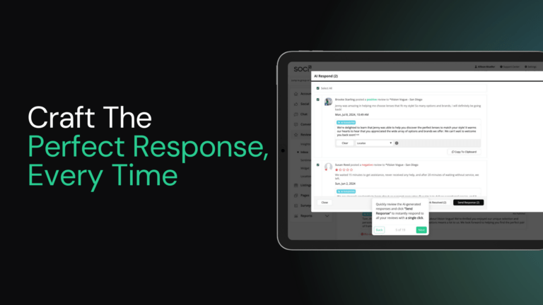 Tablet screen with a messaging app; text reads: Craft The Perfect Response, Every Time.