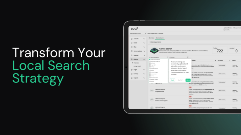 Tablet displaying a local search strategy dashboard, with the text Transform Your Local Search Strategy on the left.