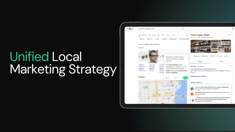 Tablet displaying a local business search result next to the text Unified Local Marketing Strategy.