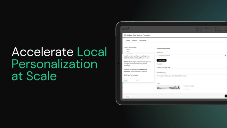 A tablet screen with marketing tools, beside text: Accelerate Local Personalization at Scale.