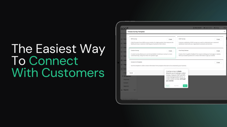A screen displays a survey template tool with text: The easiest way to connect with customers.