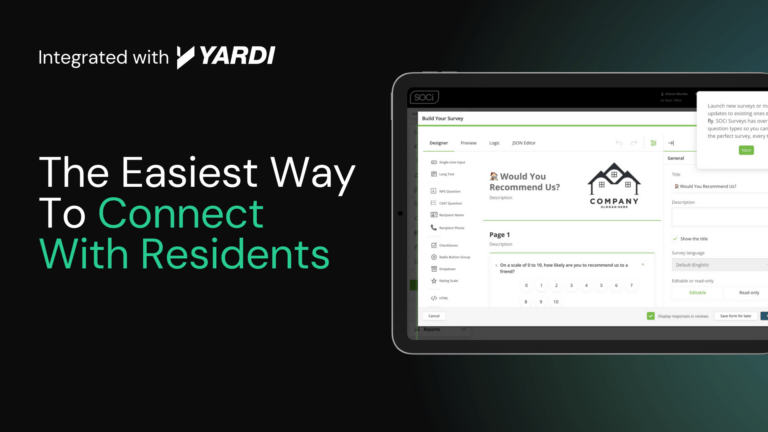 Tablet screen displaying a survey tool, with text: The Easiest Way to Connect With Residents. Integrated with Yardi.