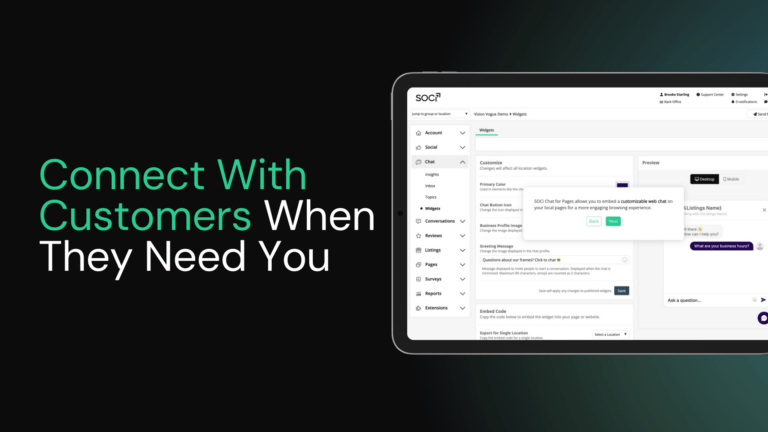 Connect With Customers When They Need You next to a tablet displaying a customer chat dashboard.