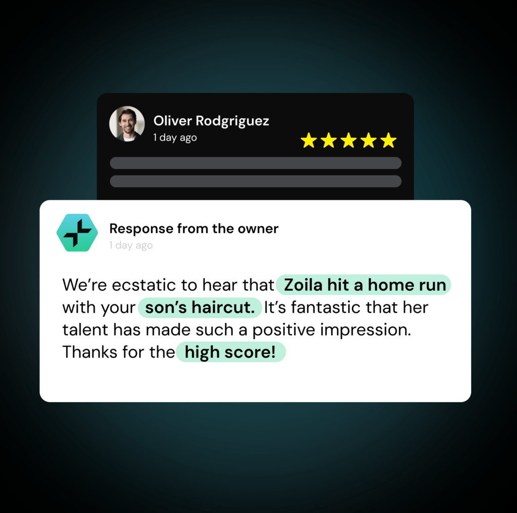 An five star online review by a customer and an owner response.