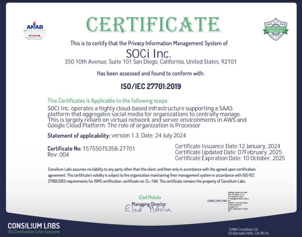 Certificate for SOCi Inc. confirming ISO/IEC 27701:2019 compliance.