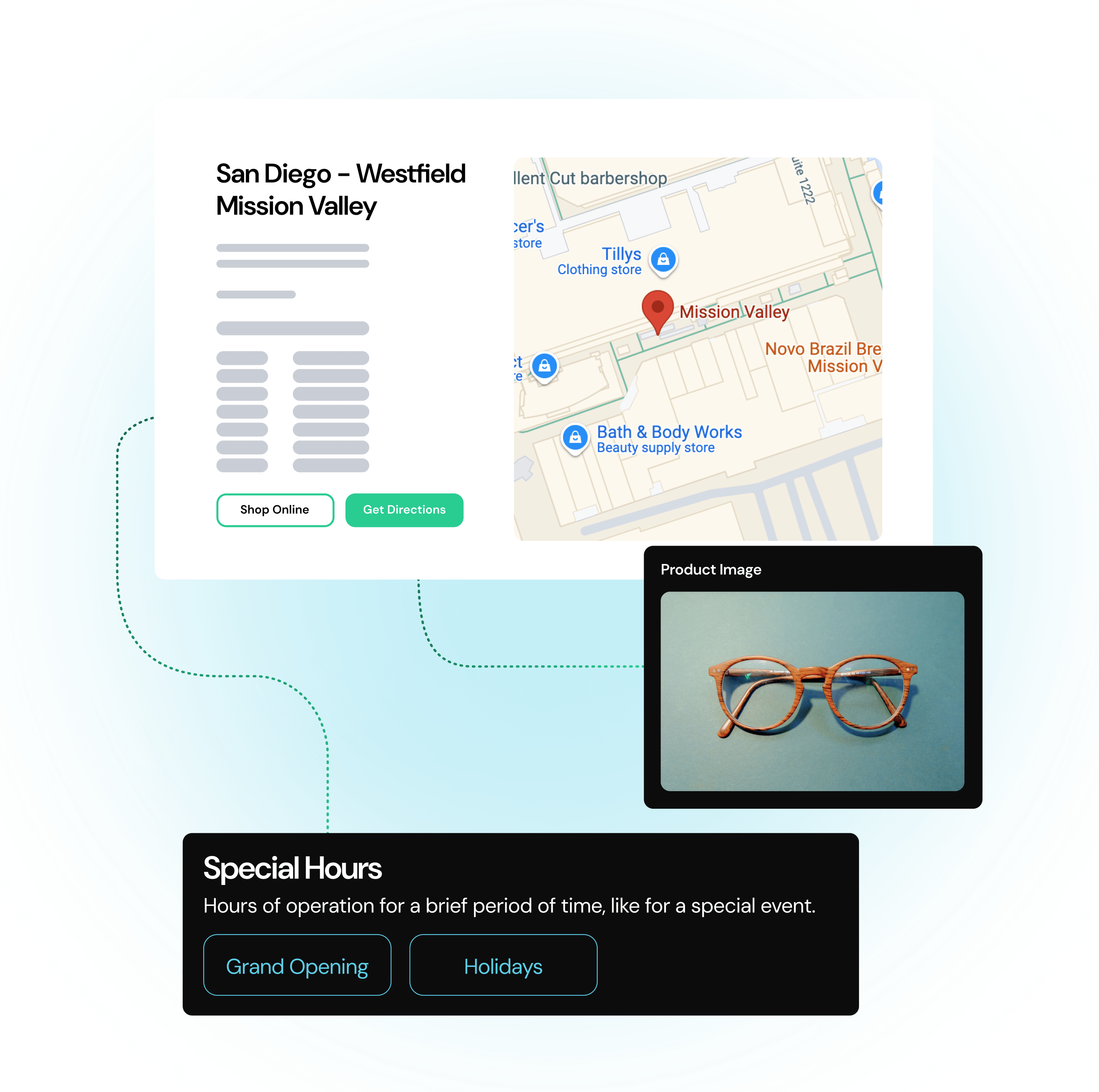 A map of San Diego Westfield with a product image of eyeglasses and special hours for grand opening and holidays.