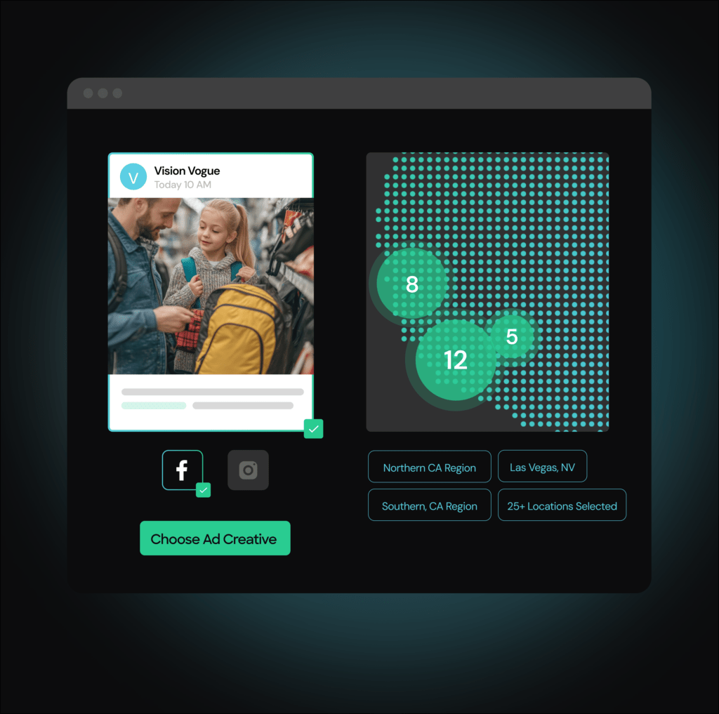 A digital dashboard with a social media ad preview, location data, and options to select ad regions.