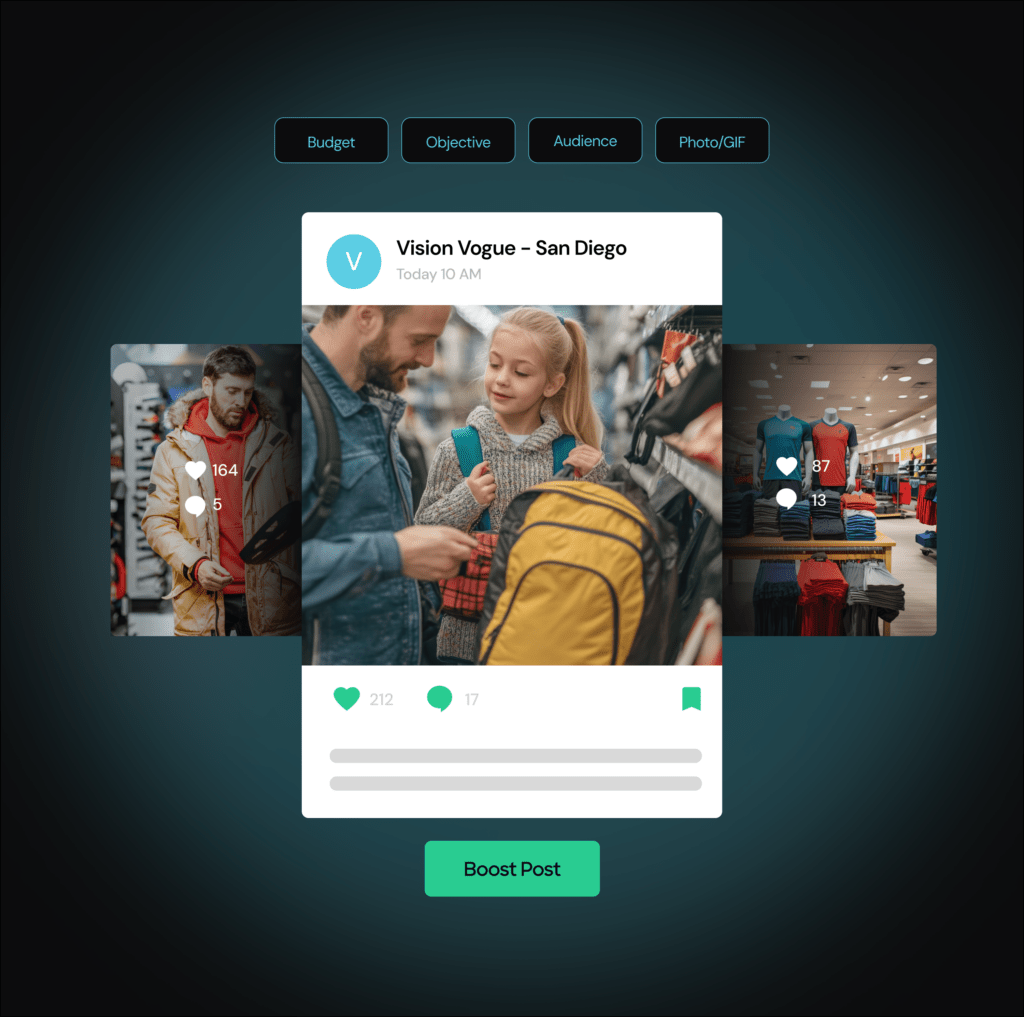 A social media post shows a man and a girl shopping for backpacks in a sporting goods store.