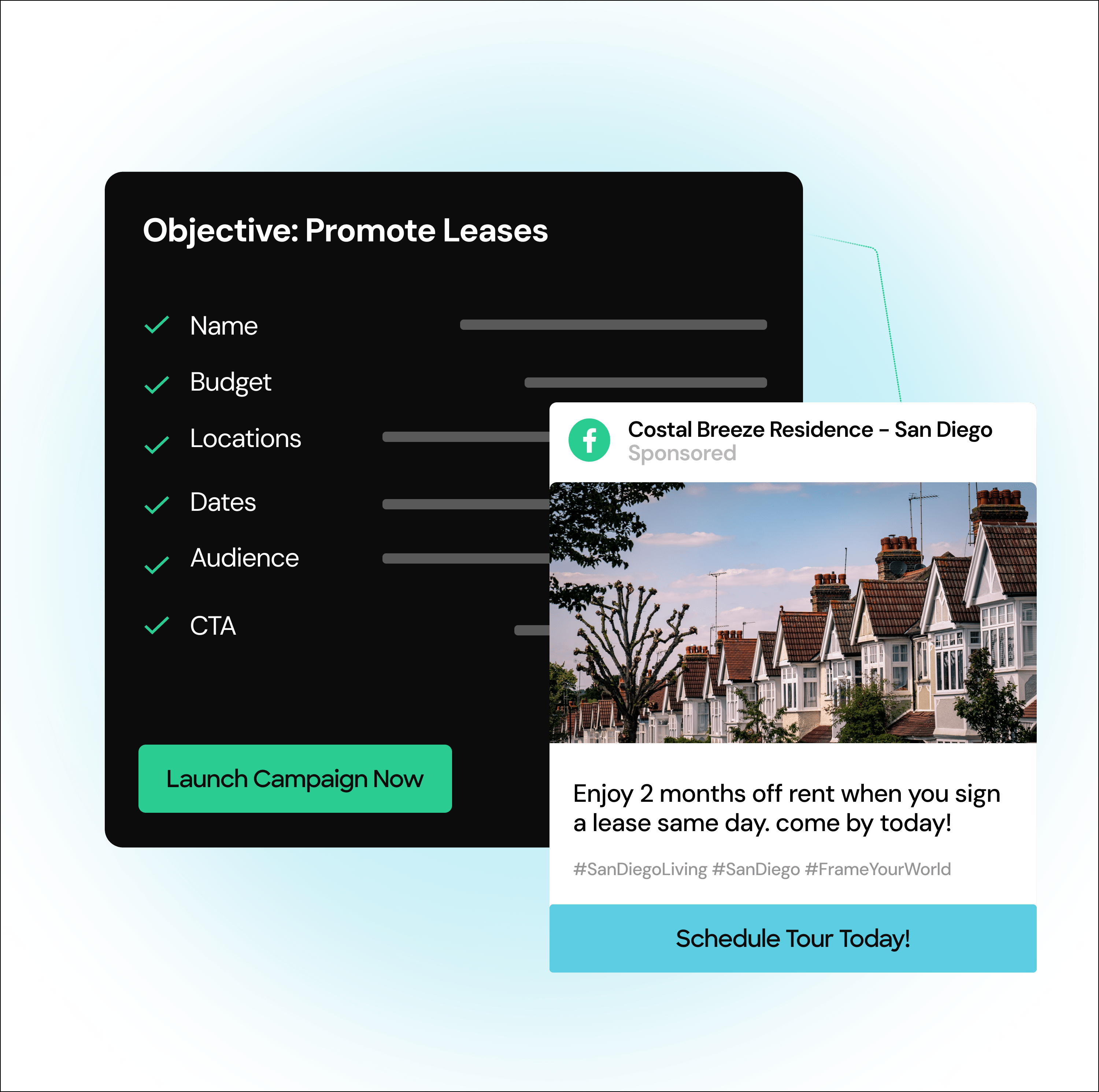 Dashboard showing a lease promotion campaign setup and a property ad with a Schedule Tour Today! button.