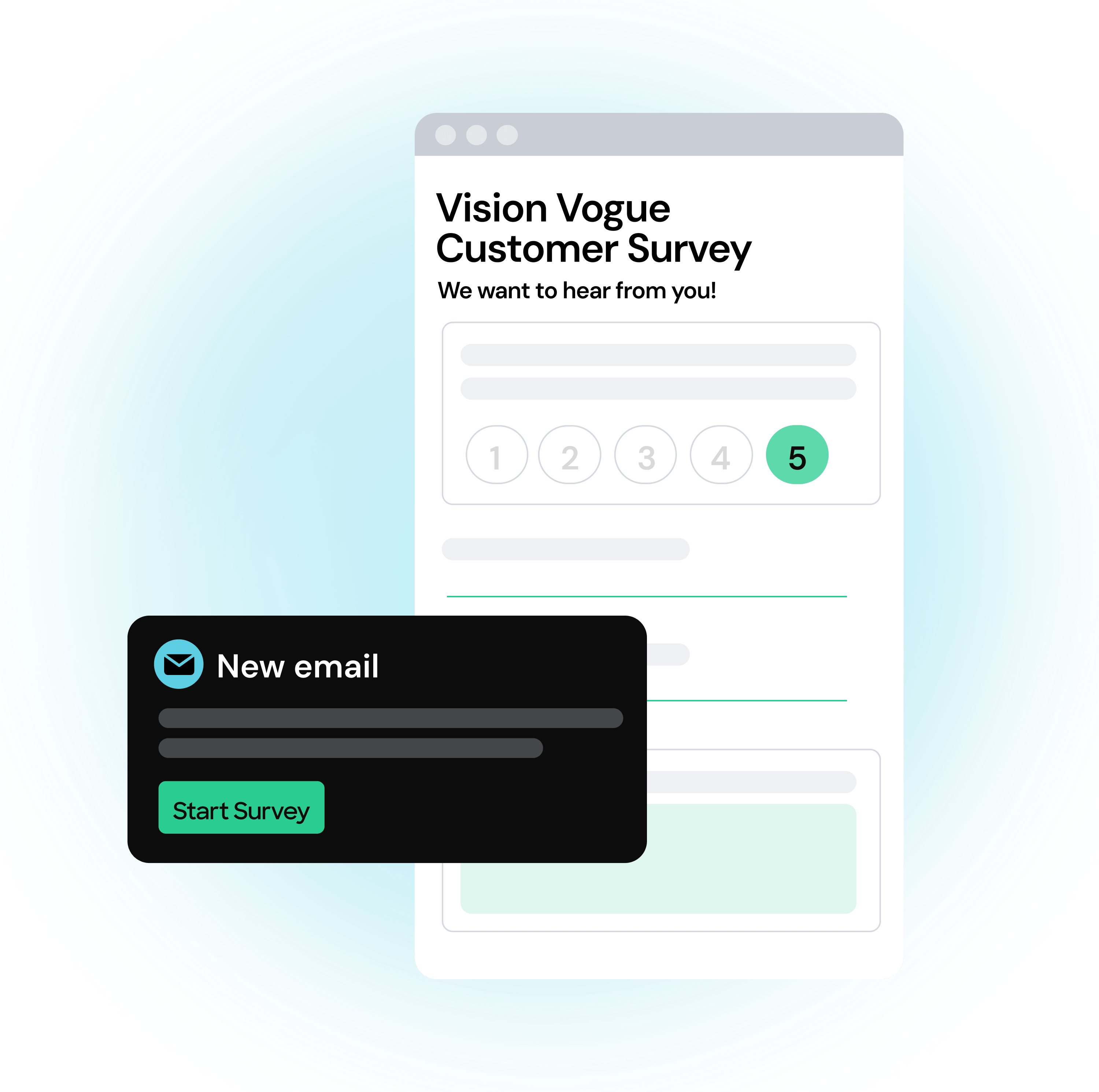 A customer survey form and a new email notification with a Start Survey button are displayed.