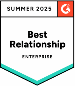 Badge reading Best Relationship Enterprise, Summer 2025 with a G2 logo in the corner.