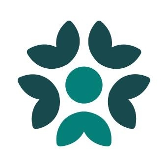 Teal circular shape surrounded by five leaf-like shapes arranged in a symmetrical, flower-like pattern.