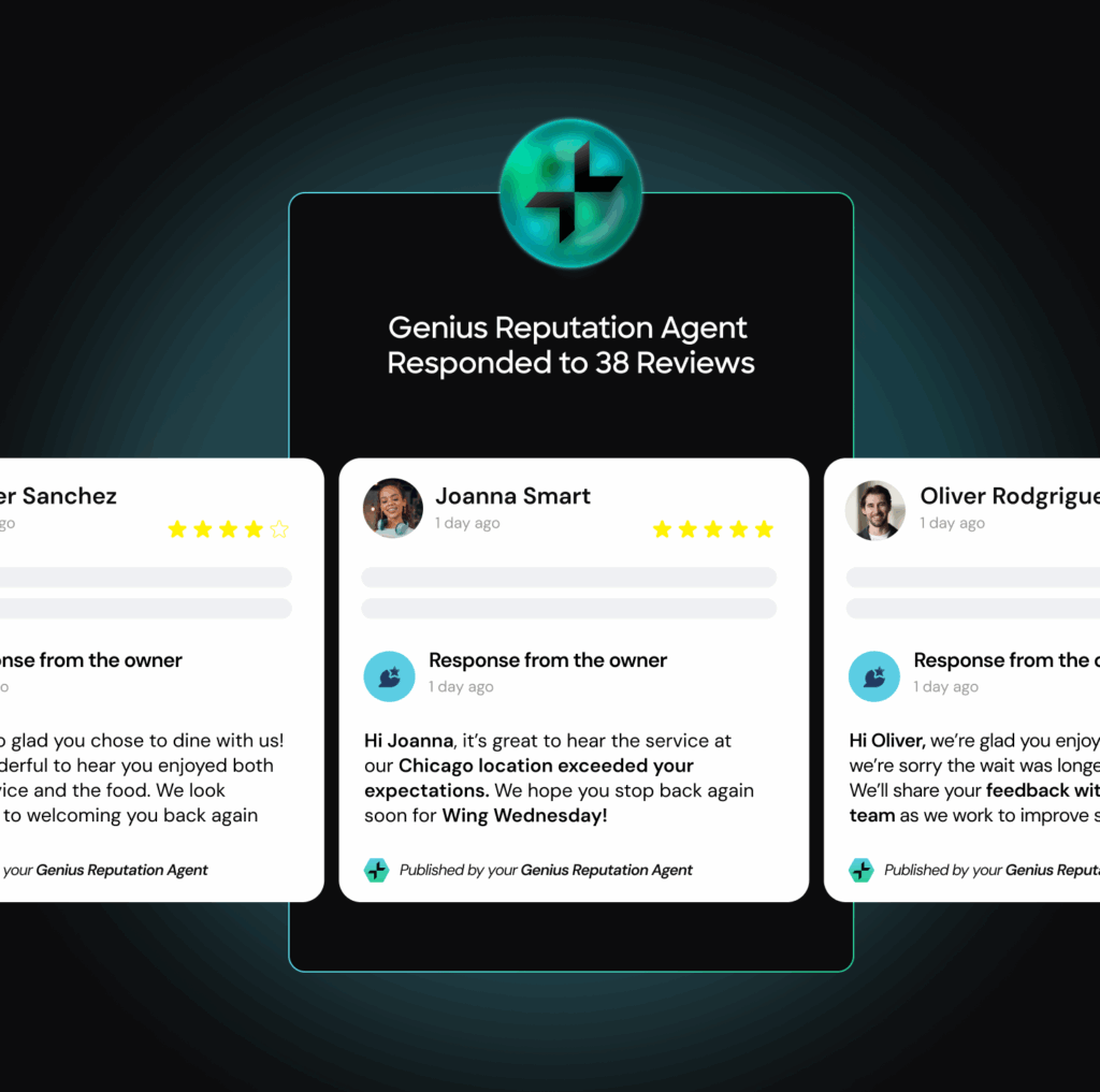 Three positive customer reviews with owner responses for Genius Reputation Agent, displayed on a dark background.